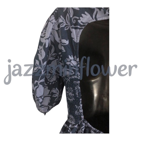 Free people dark navy blue dear delilah puff sleeve smocked babydoll mini dress - Picture 15 of 16